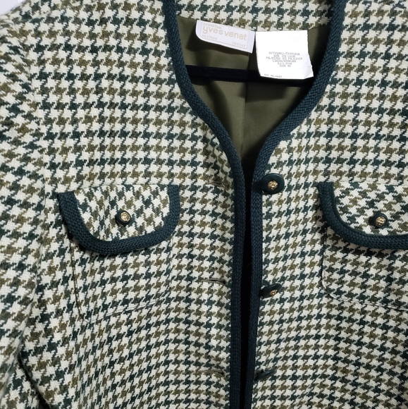 VINTAGE YVES VINET Green Houndstooth Wool Gold Lion Buttons Blazer - Picture 10 of 13